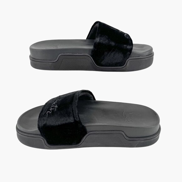 Christian Louboutin 'Navy Pool' Slide Sandals Size 37 US 7 Black Velvet Logo 35 - Picture 10 of 12